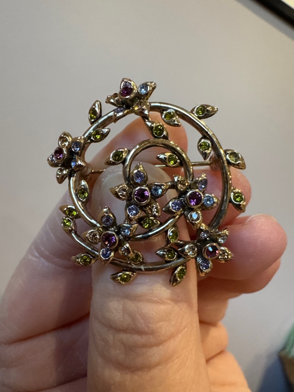Monet Gold-Tone Floral Swirl Brooch with Purple & Green Stones